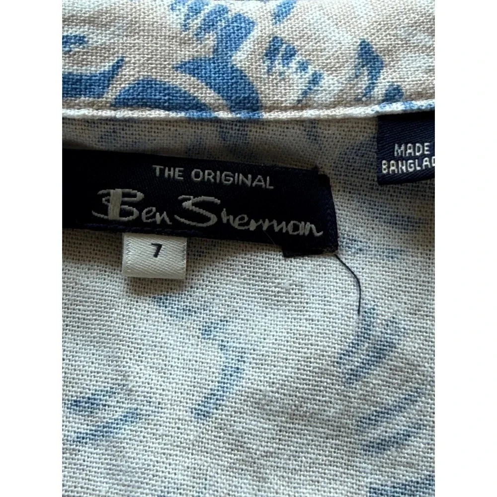 Ben Sherman Button‎ Down Boys 7 Blue Linen Blend Tropical Leaf Print Shirt